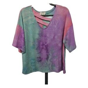 Fantastic Fawn Colorful Tie-Dye Cut Out V-Neck Oversized Top Womens Size M